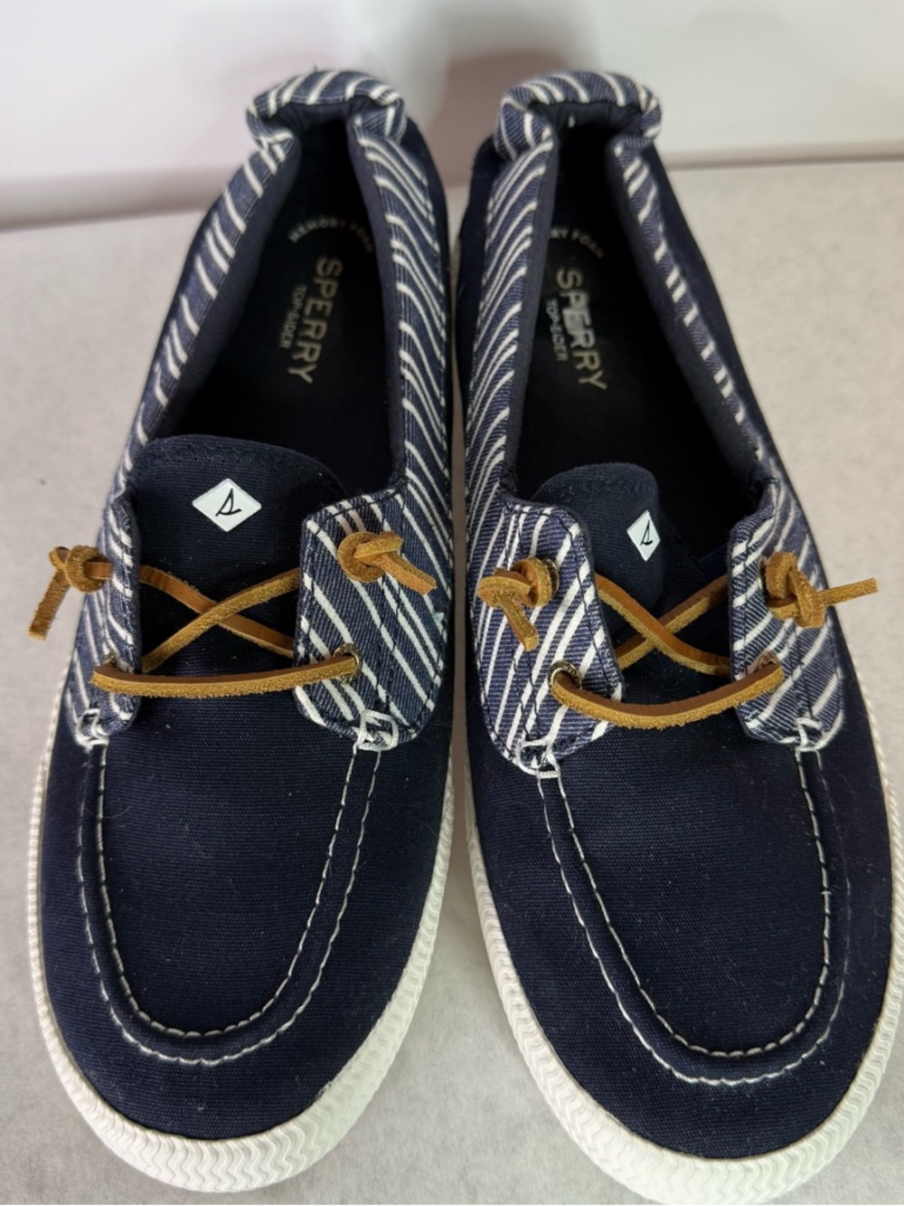 Sperry Navy Blue Striped Canvas Boat Shoes with Tan Laces